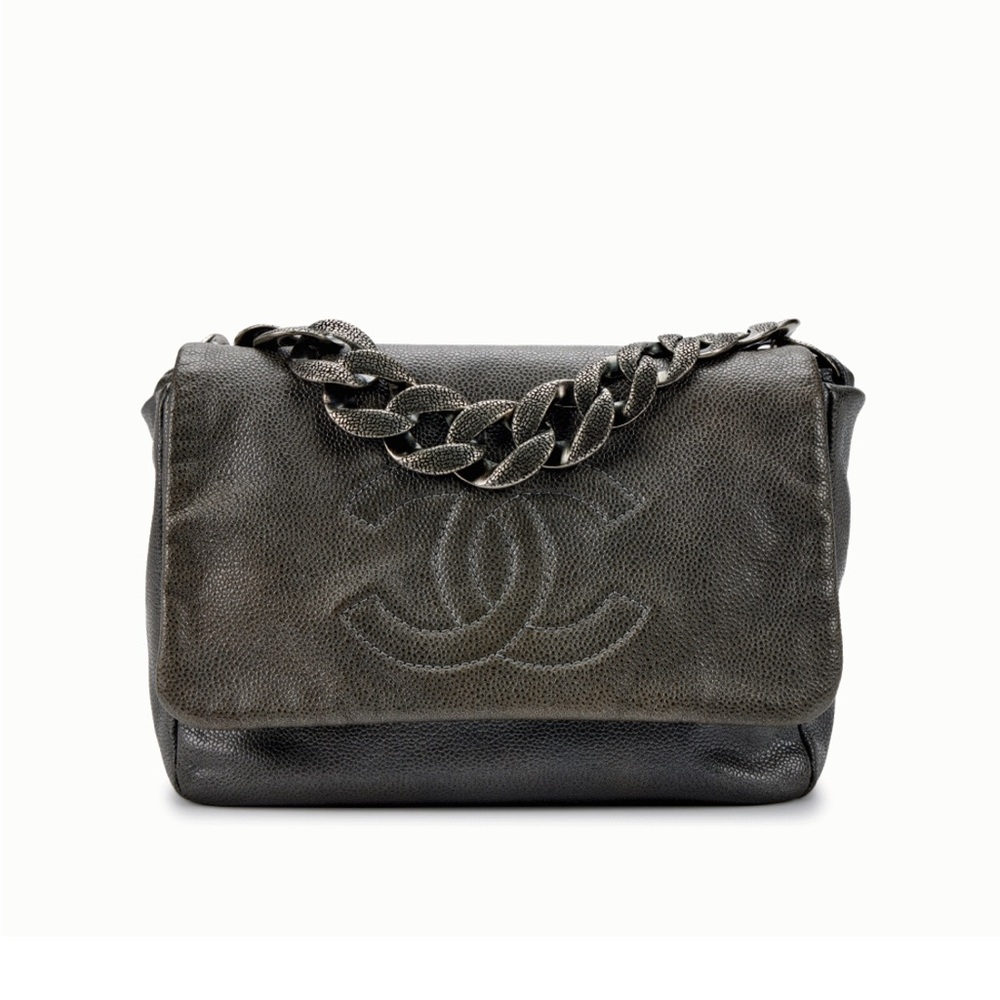 Chanel | Graphite Caviar CC Chunky Chain Single Flap Bag Silver 2009 Vintage - Picture 2 of 7